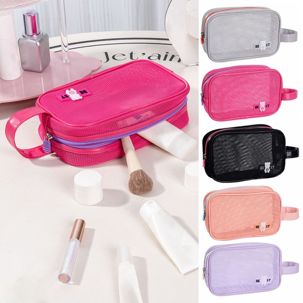 Cosmetic Bags - 丈夫なメッシュ素材の化粧ポーチ。持ち手付きで大容量。持ち運び可能なジッパー付き洗面用具入れ。