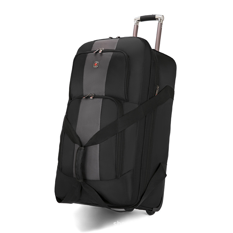 Foldable Rolling Luggage Bag - 頑丈な素材を使用した、折りたたみ可能な防水仕様のキャスター付きダッフルバッグ。肩掛けベルトの長さを調節でき、ポケットも付いているので、旅行やジムでの使用に最適。