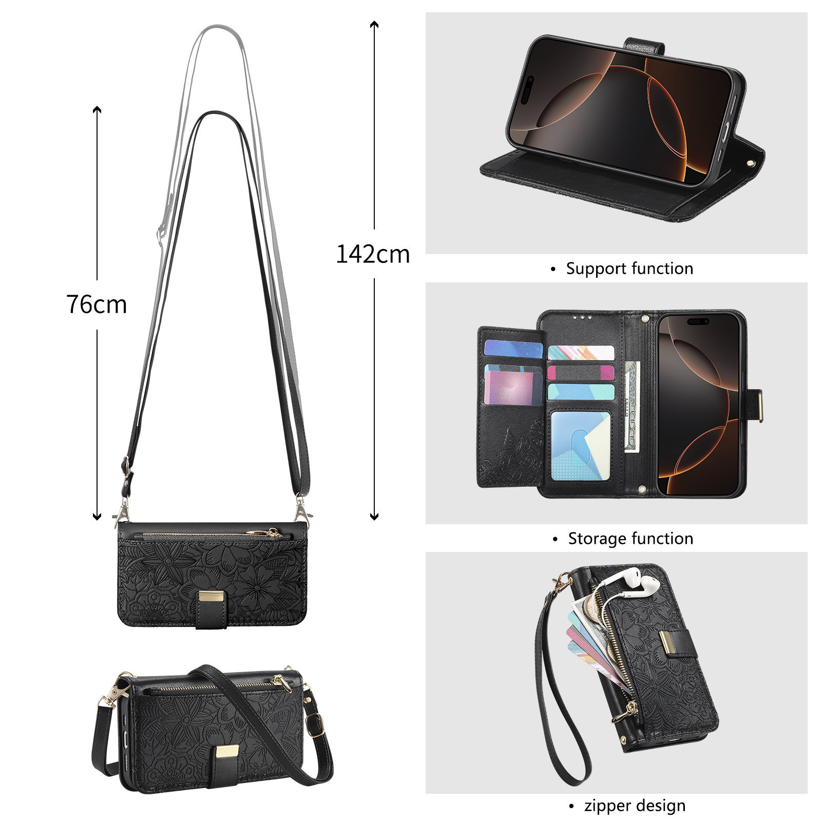 レザー製ジッパー付きクロスボディフリップウォレットカードスロ - Wallets のレビューと価格