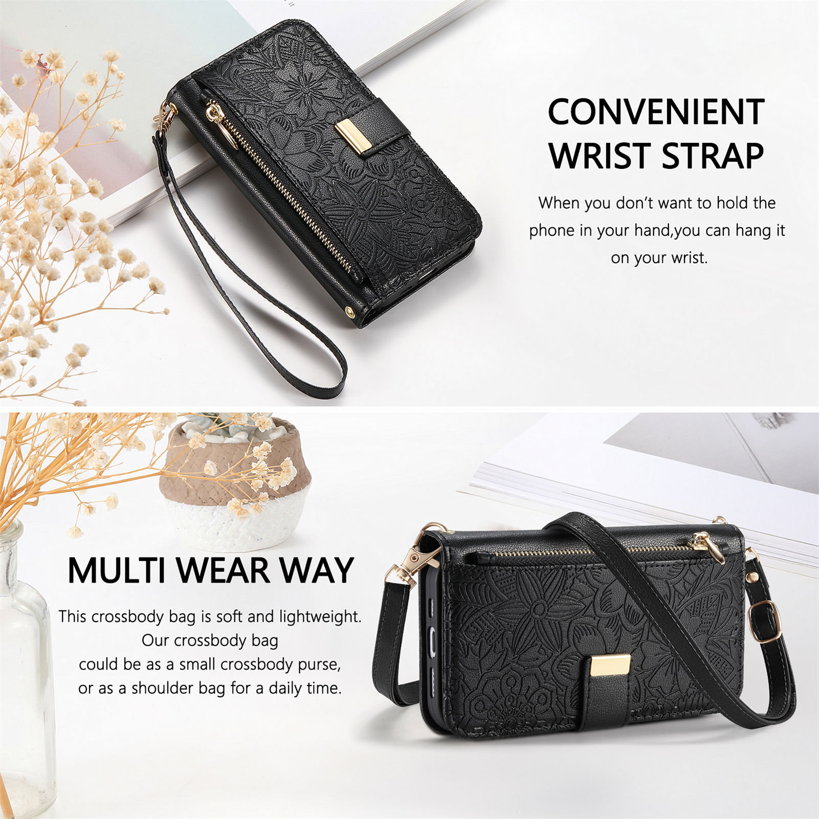 レザー製ジッパー付きクロスボディフリップウォレットカードスロ - Wallets のレビューと価格